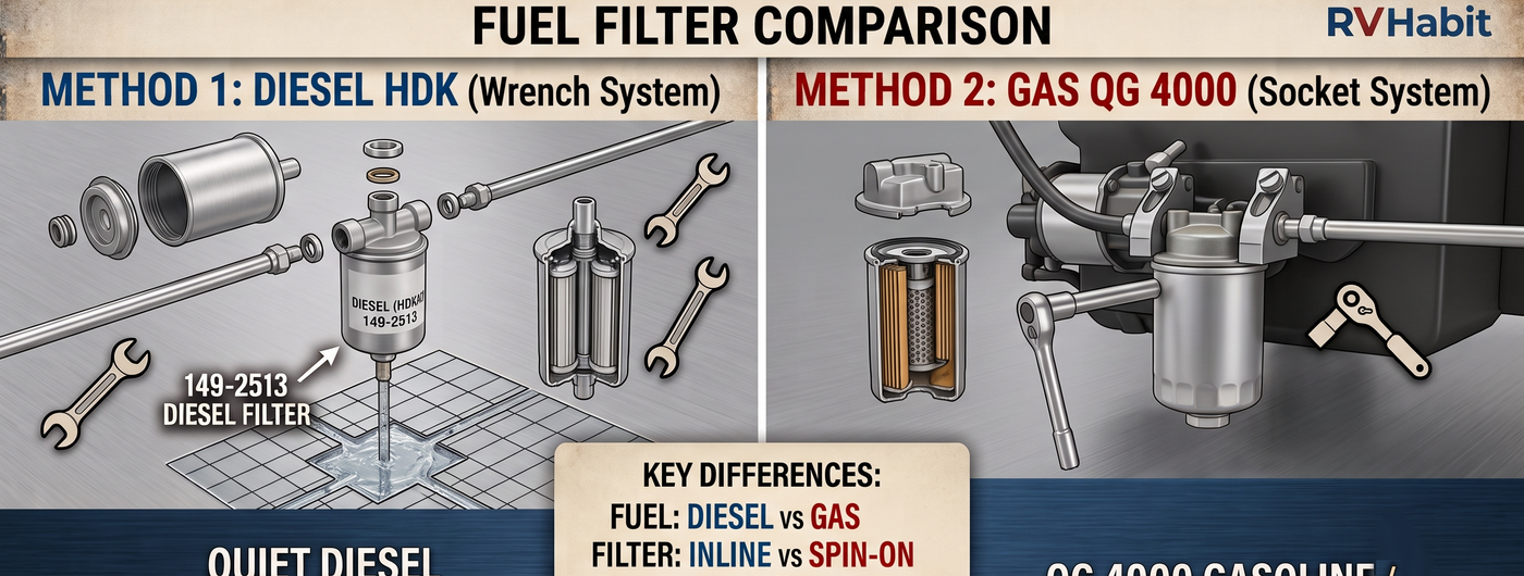 RV Generator Fuel Filter Replacement: Two Expert Methods Compared (Quiet Diesel vs QG 4000)