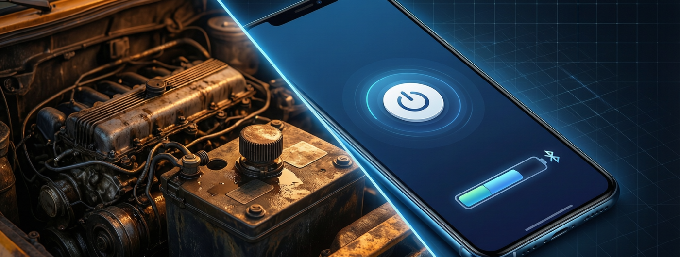 Bluetooth Kill Switch vs Traditional RF Remote Comparison — App Control vs Manual Disconnect, editorial split composition