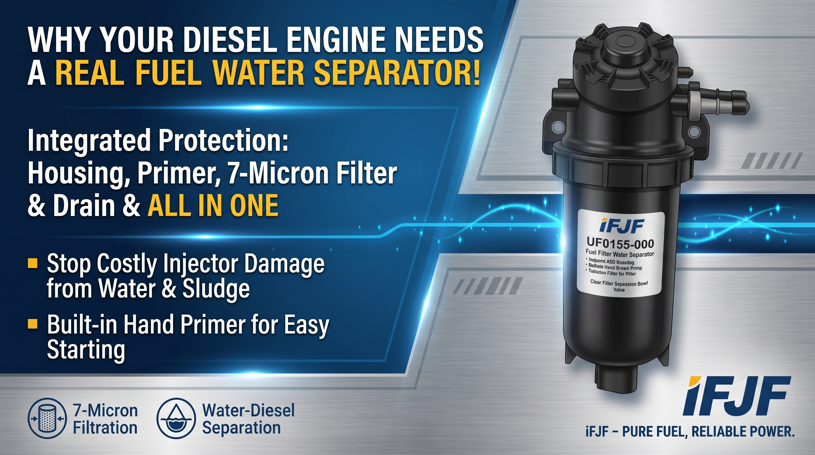 UF0155-000 Diesel Fuel Filter Water Separator Install: ABS Housing + Hand Pump for Truck & Marine Engines