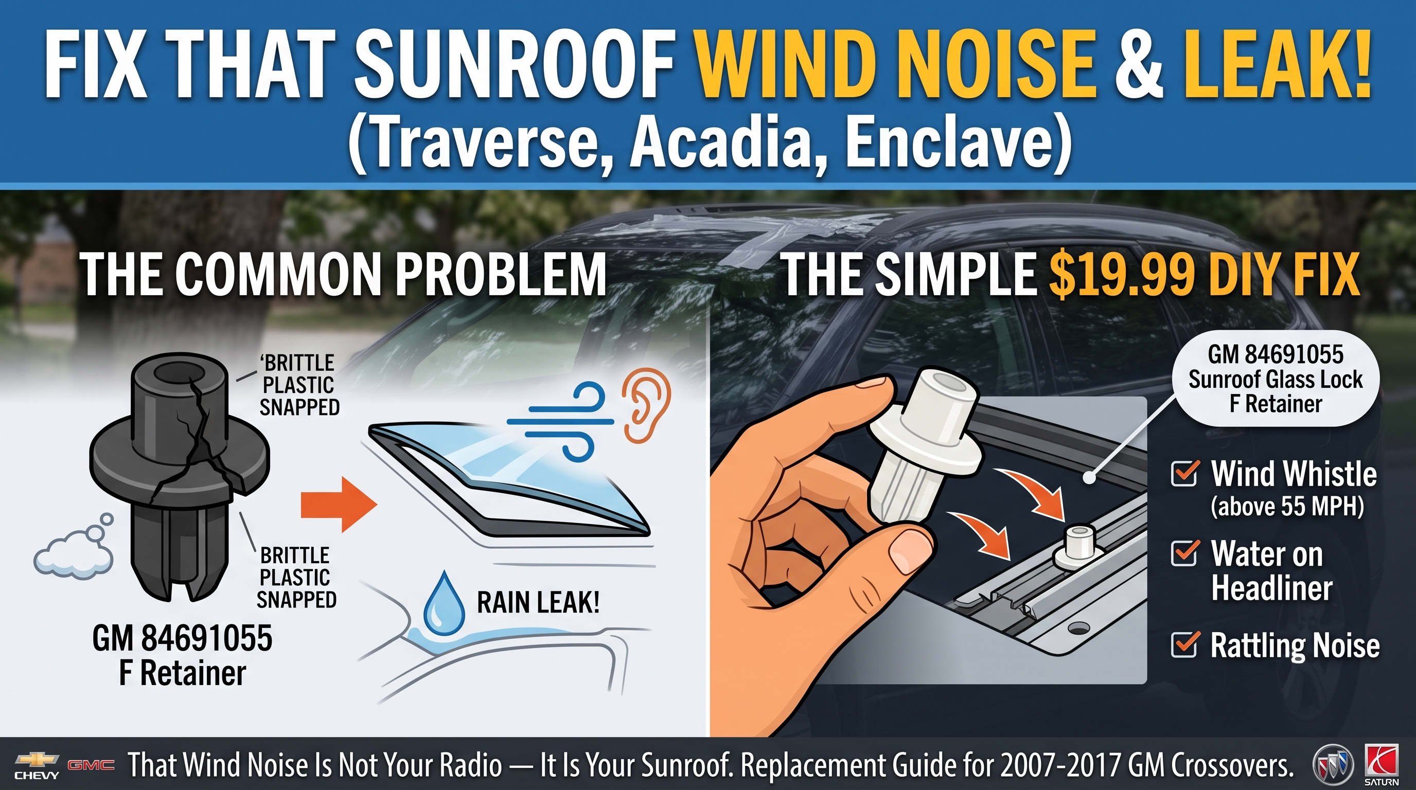GM Sunroof Glass Lock Retainer Fix: 84691055 for Chevy Traverse & GMC Acadia — Stop the Leak in 45 Minutes