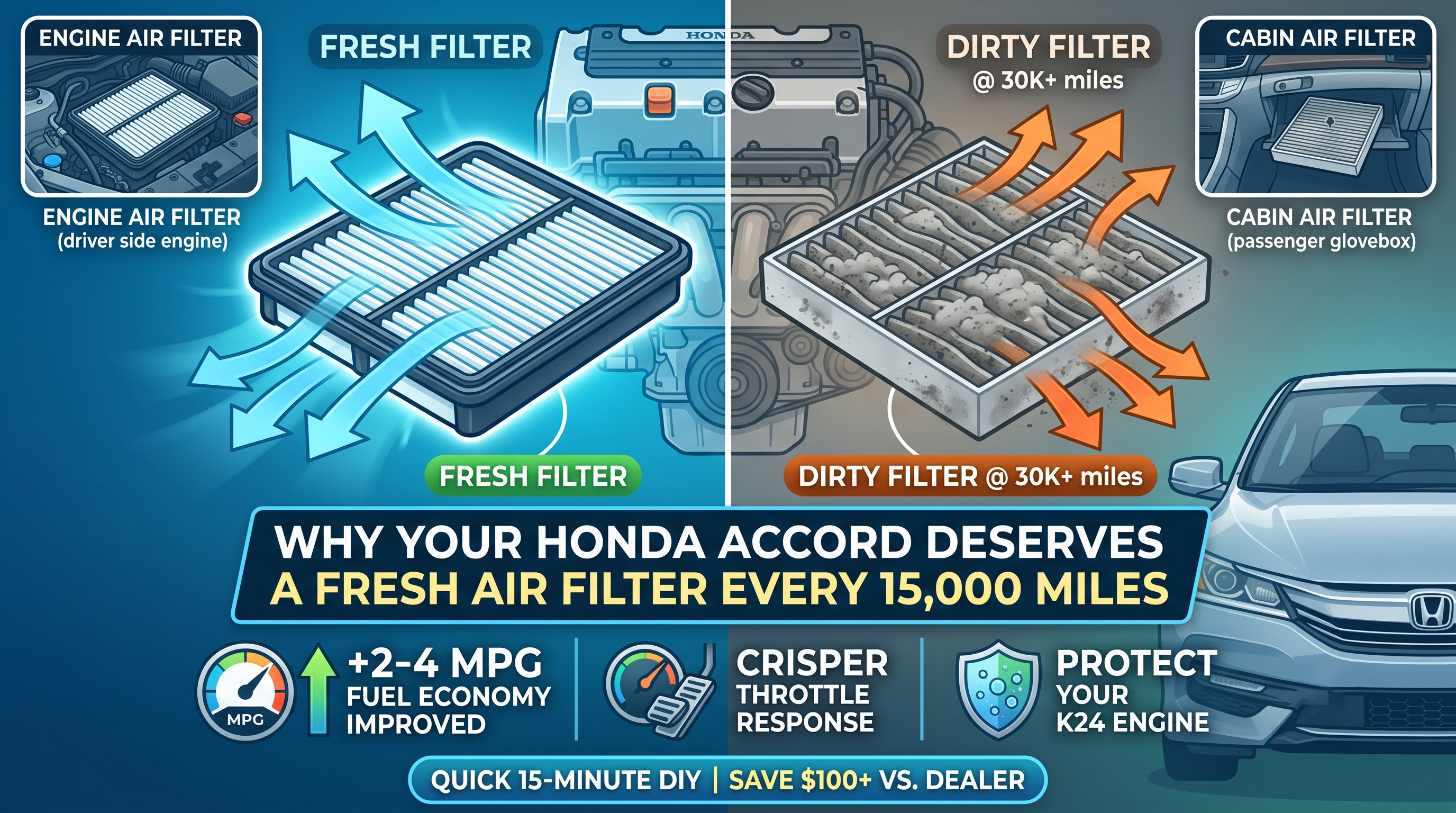 Honda Accord 2.4L Cabin & Engine Air Filter Replacement Guide: CA10467 vs OEM 17220-R40-A00 — Save $80 in 15 Minutes