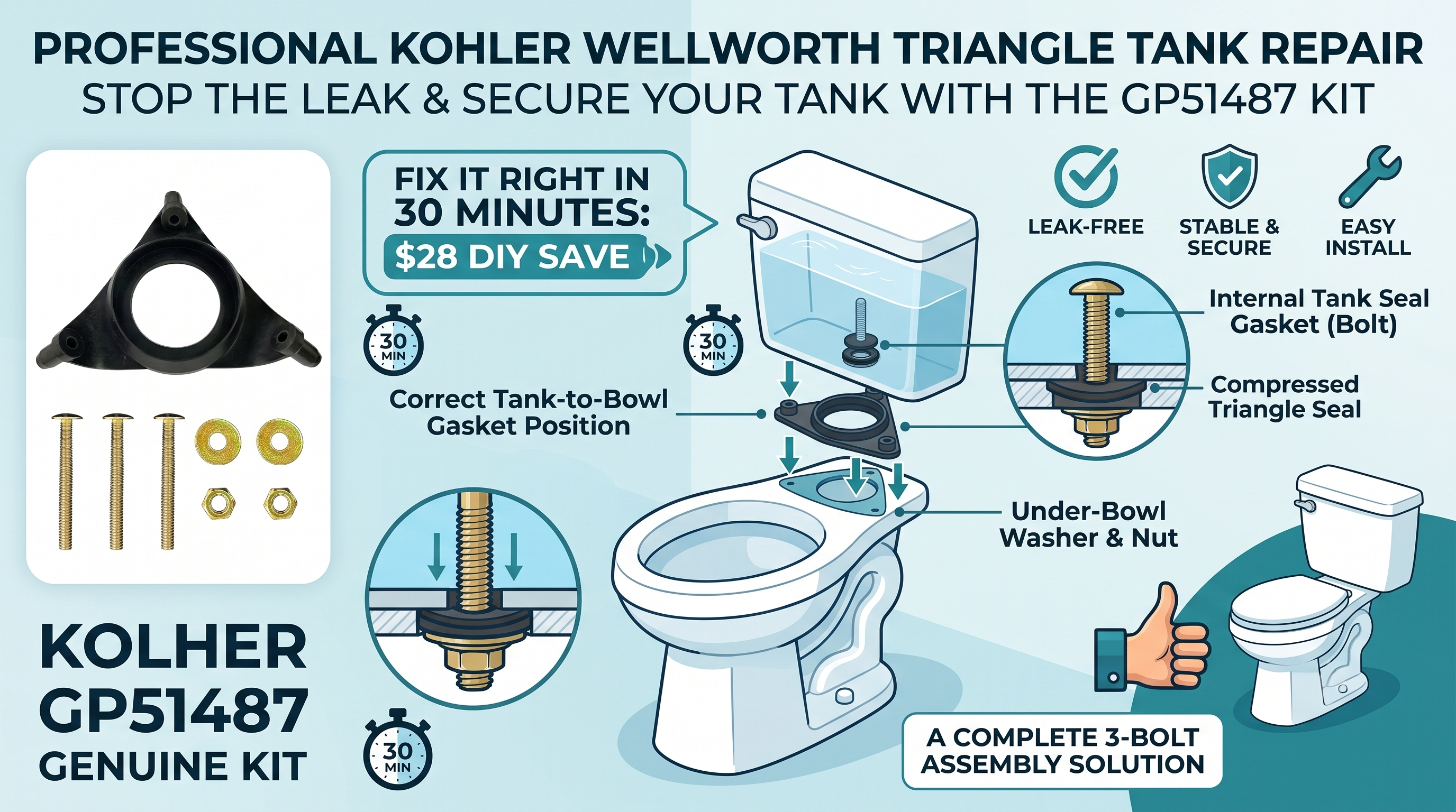Kohler Wellworth Triangle Toilet Tank Bolt Replacement: Stop the Leak With GP51487 Kit in 30 Minutes