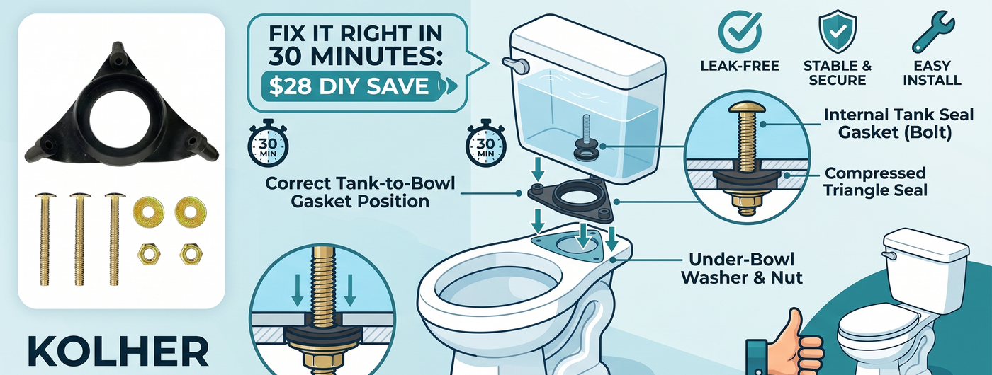 Kohler Wellworth Triangle Toilet Tank Bolt Replacement: Stop the Leak With GP51487 Kit in 30 Minutes
