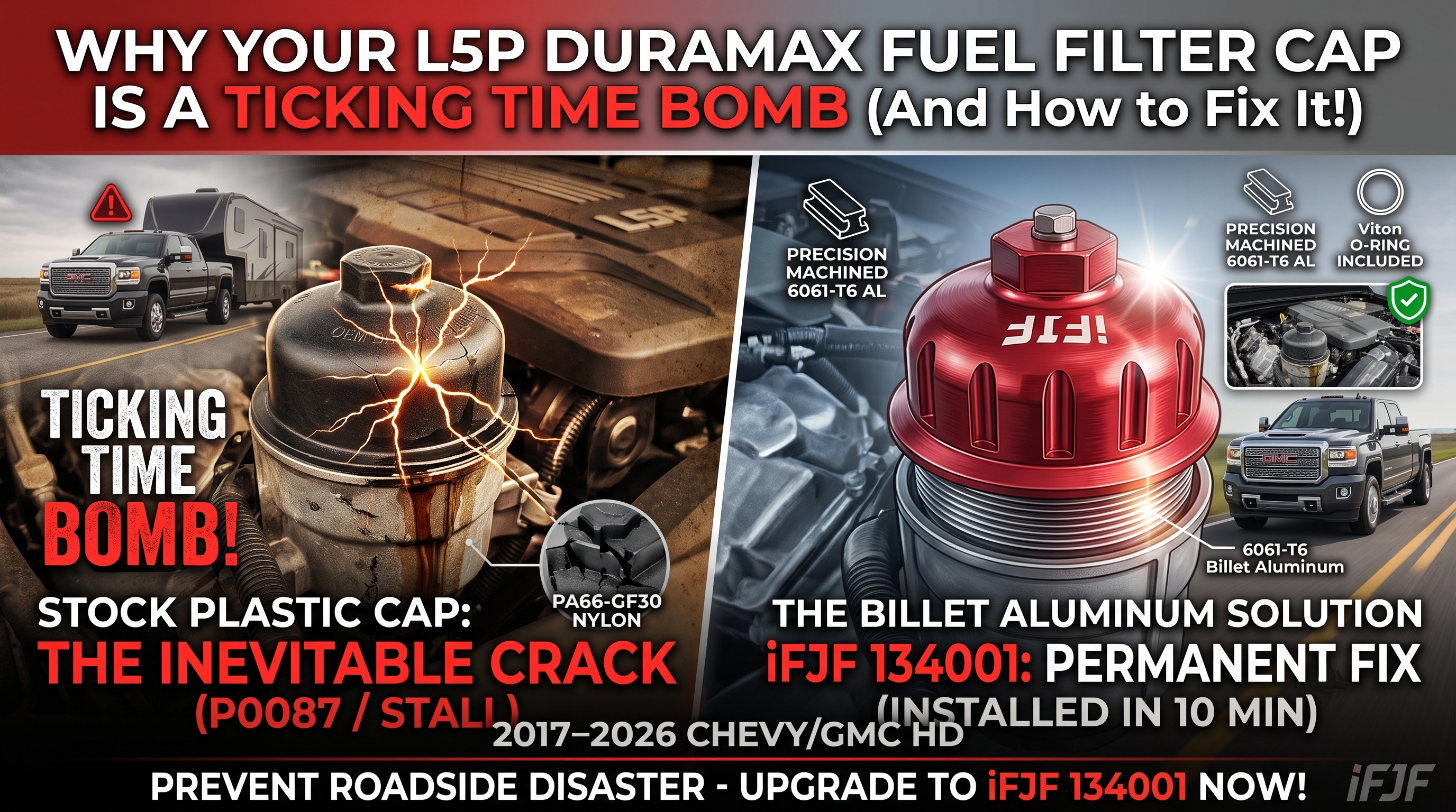 iFJF Billet Aluminum vs OEM Plastic Fuel Filter Cap: L5P Duramax Comparison & Why It Matters