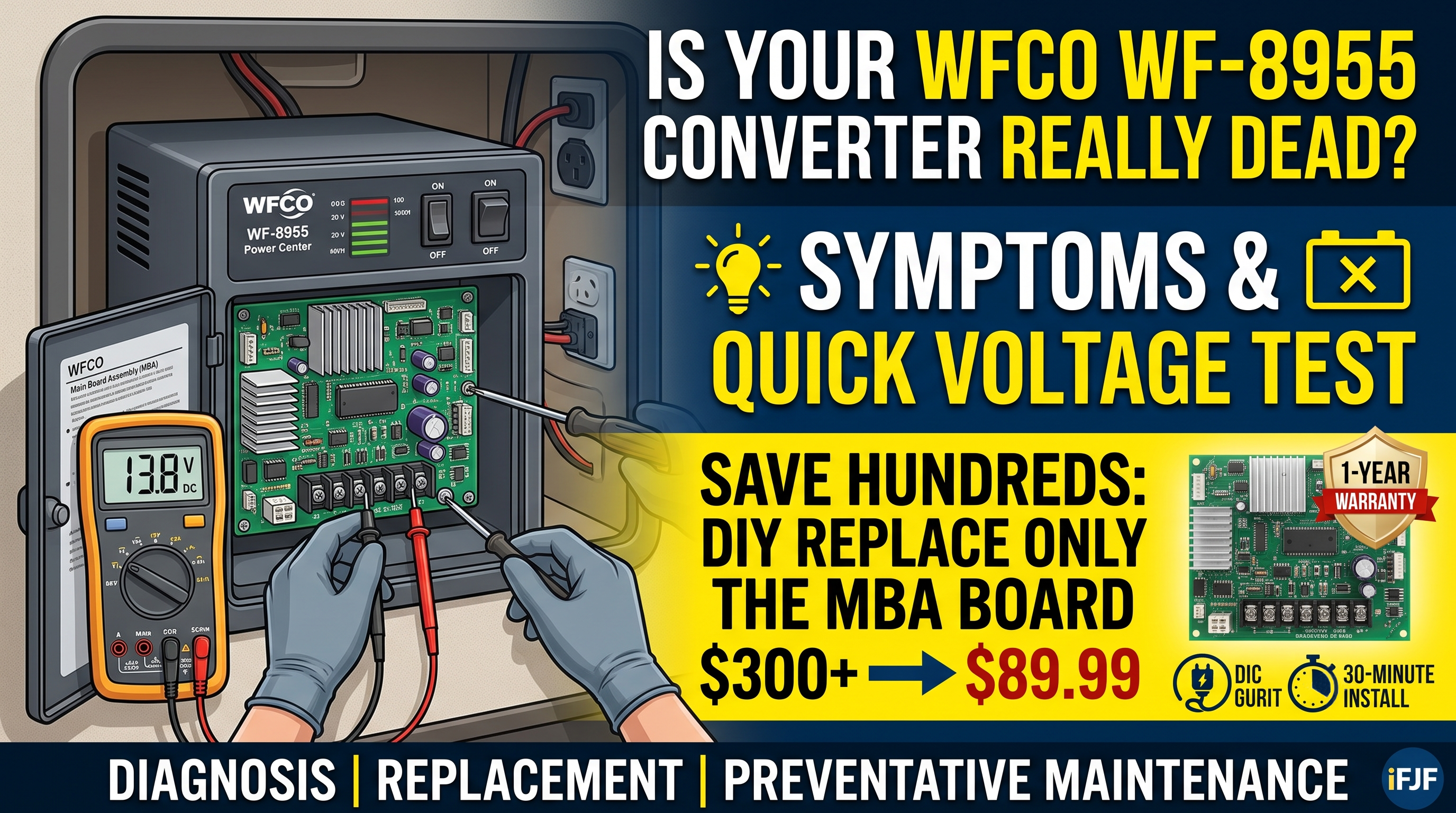 WFCO WF-8955 MBA RV Converter Board Replacement: 55-Amp Troubleshooting & Install Guide