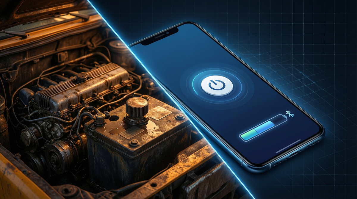 Bluetooth Kill Switch vs Traditional RF Remote Comparison — App Control vs Manual Disconnect, editorial split composition
