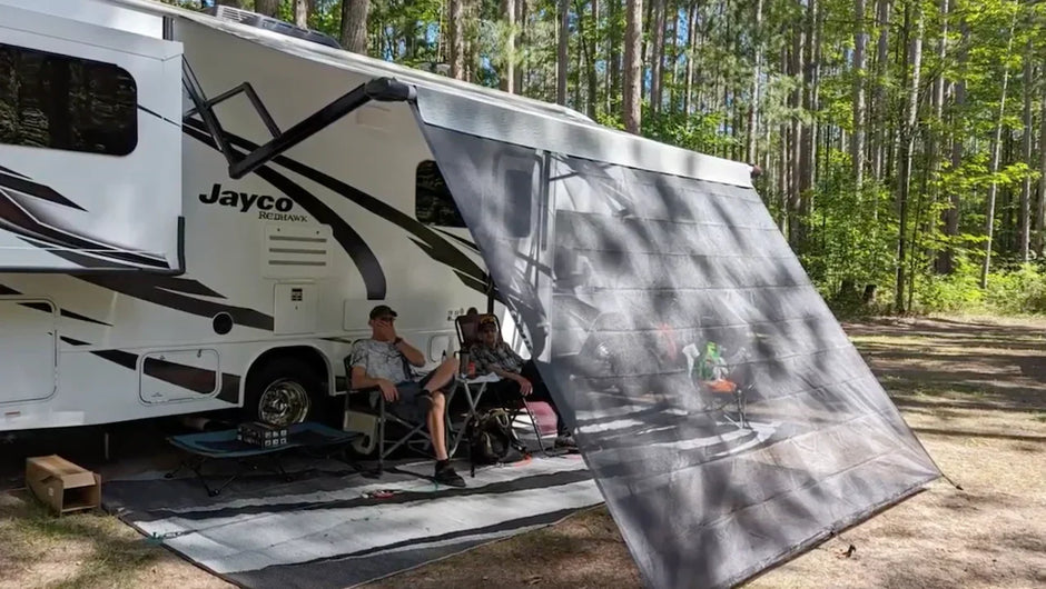 RV Awning Sun Shade Review: iFJF 9'x7' Black Mesh Screen — 5-Minute Install, Instant Privacy & UV Protection