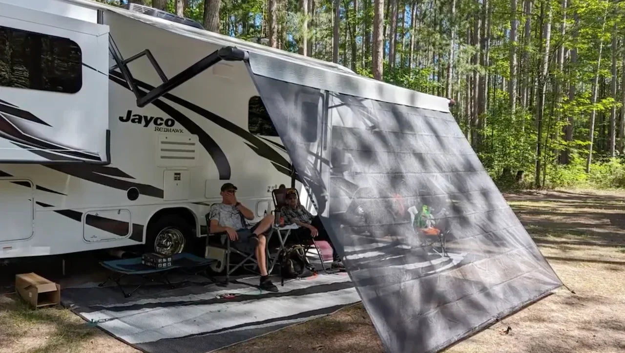 RV Awning Sun Shade Review: iFJF 9'x7' Black Mesh Screen — 5-Minute Install, Instant Privacy & UV Protection
