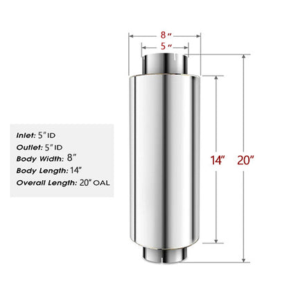 iFJF 5" Inlet 5" Outlet 20" Overall Length Muffler Resonator Stainless Steel  Diesel Exhaust