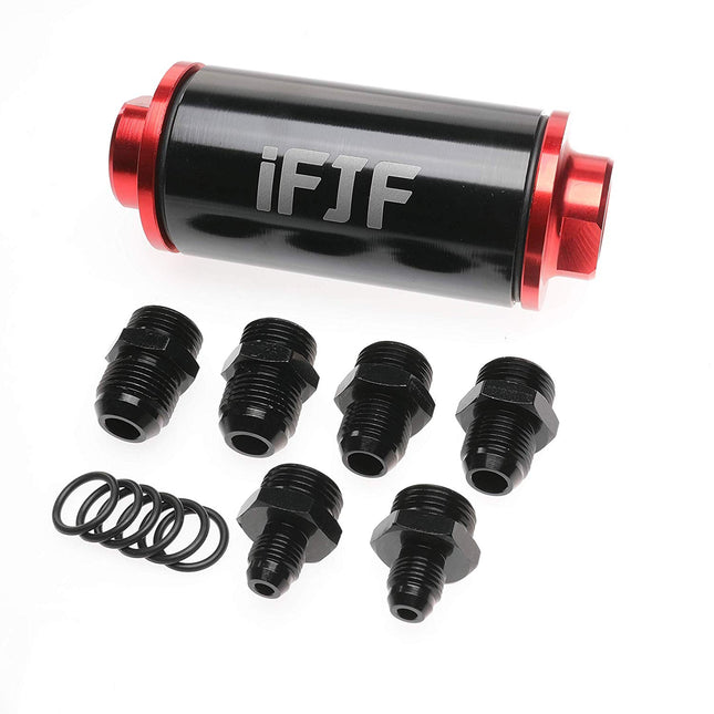 Inline Fuel Filter for Universal Mount Between Fuel Tank and Pump 58mm Diameter 100 Micron High Flow AN6 AN8 AN10
