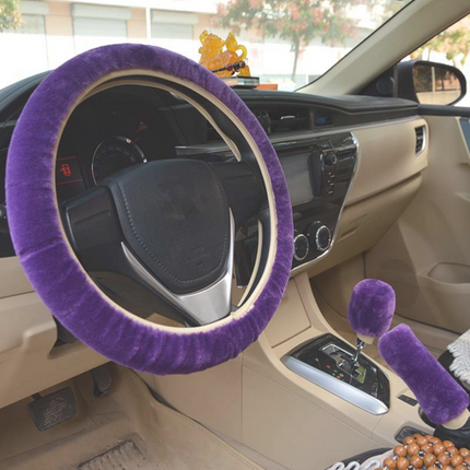 iFJF Purple Plush Fur Fluffy Car Steering Wheel Cover Handbrake Cover Gear Knob Cover