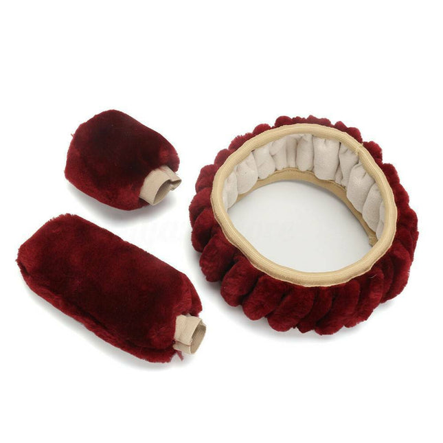 iFJF 3Pcs Car Steering Wheel Cover Furry Fluffy Universal Fur Wool Thick Red 15''