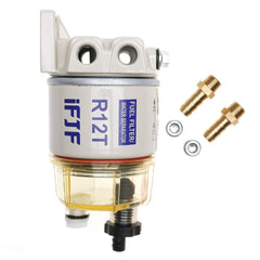 R12T Fuel Filter Water Separator complete combo kit — front view showing clear nylon bowl and fittings